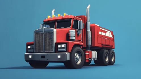 Red semi truck illustration on clean blue studio background.