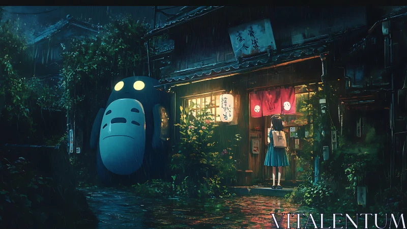 Rain-soaked alley guardians at a lantern-lit midnight shopfront.