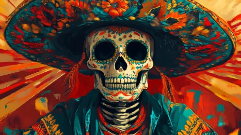 Radiant skeleton in a colorful sombrero smiles with bold warmth