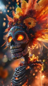 Flaming D&iacute;a de Muertos calavera with floral feathered headdress