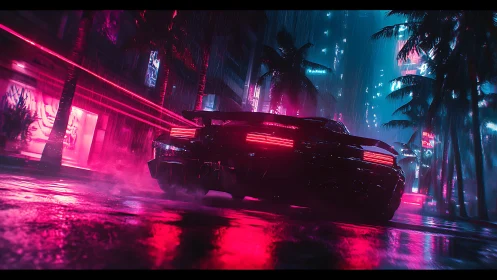Neon sports car powers through rainy cyberpunk boulevard at night