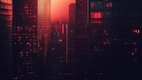 Sunlit red fog engulfs dense modern glass skyscrapers