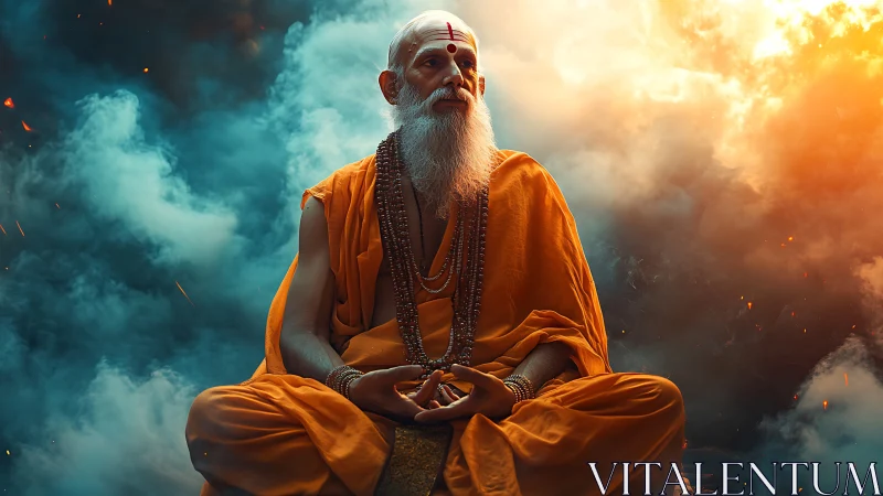 Photorealistic portrait of meditative sage in fiery cloudscape.