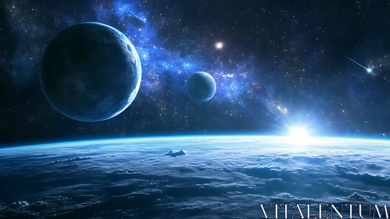 Planetary bodies over cloud-covered horizon in deep space.