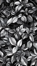 Monochrome botanical leaf pattern with dense foliage.