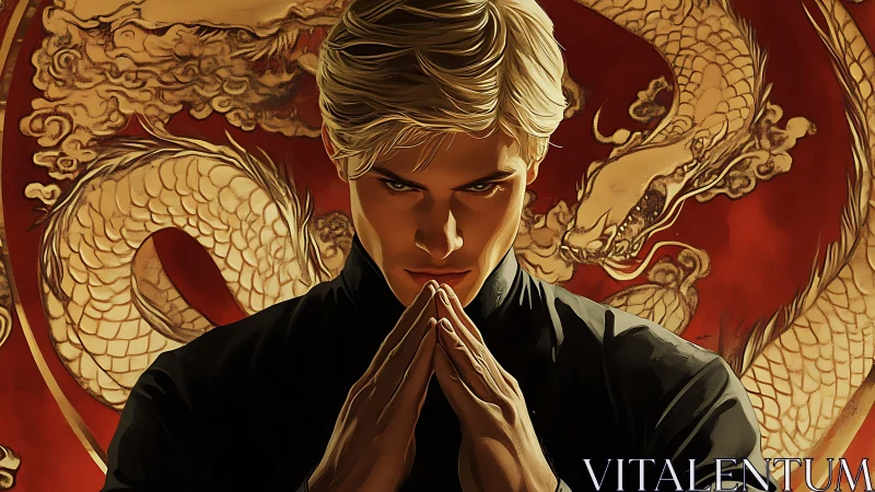 Strategic blonde tactician before coiling dragon mandala emblem.