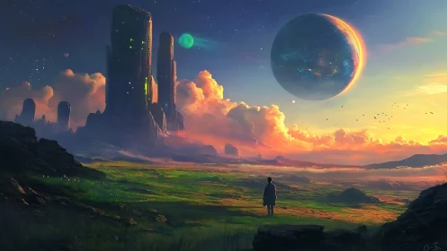 Wanderer beneath twin moons and a shimmering risen world.