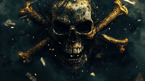 Corroded golden skull-and-crossbones emblem in turbulent debris field.