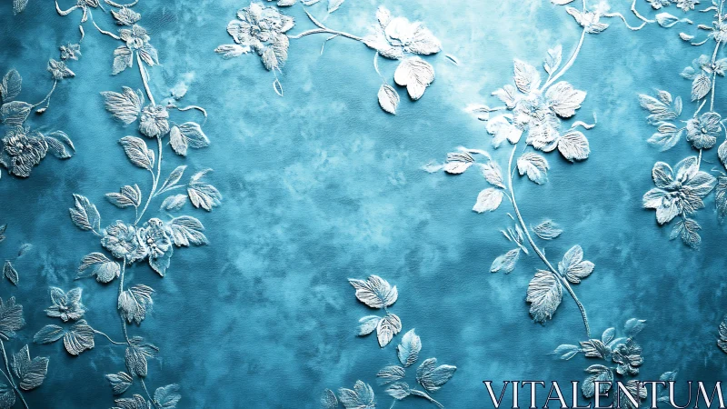 Soft blue floral wall with delicate raised white blossoms.