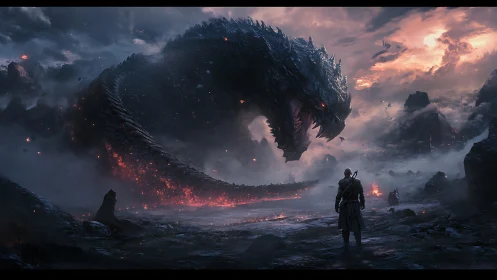 Colossal ember serpent confronts lone dusk-clad warrior.