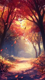 Autumn Forest Path with Glowing Leaves and Golden Light