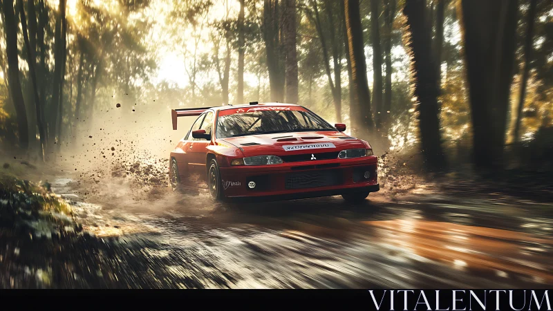 Red Mitsubishi rally car powers through wet forest track.