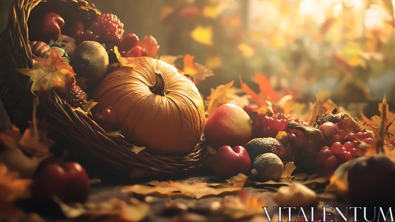 Harvest cornucopia with pumpkin, fruit, and autumn leaves.