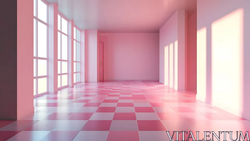 Sunlit pink corridor glows with soft minimalist geometry