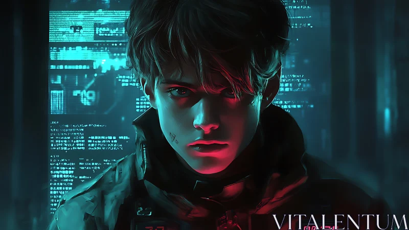 Cyberpunk hacker portrait in teal and red neon light.