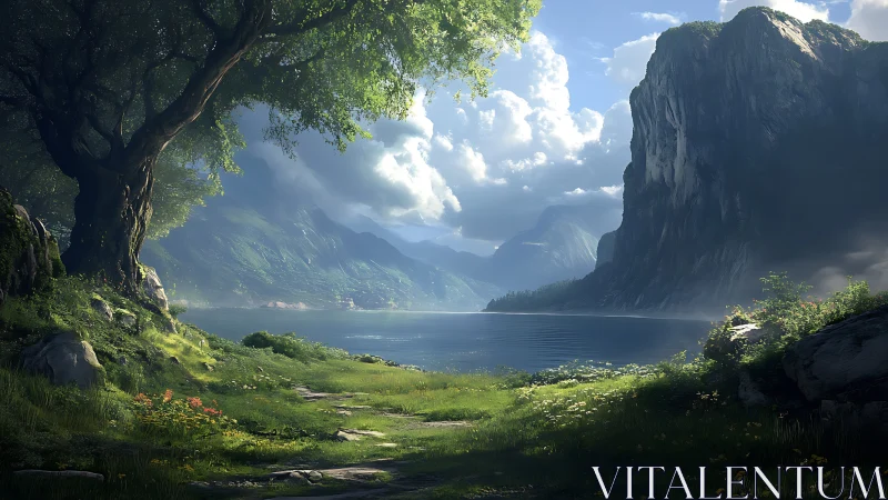 Sunlit lakeside valley under towering emerald cliffs.