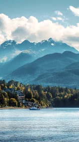 Photorealistic alpine coastline with layered mountain ranges.