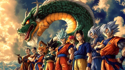 Legendary anime warriors stand united beneath a celestial dragon