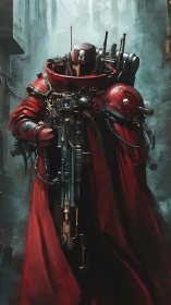 Armored red mech-priest advances through fogged urban ruins