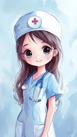 Cute anime nurse in blue scrubs smiles with stethoscope.