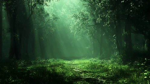 Ancient Forest Path with Ethereal Light Rays.
