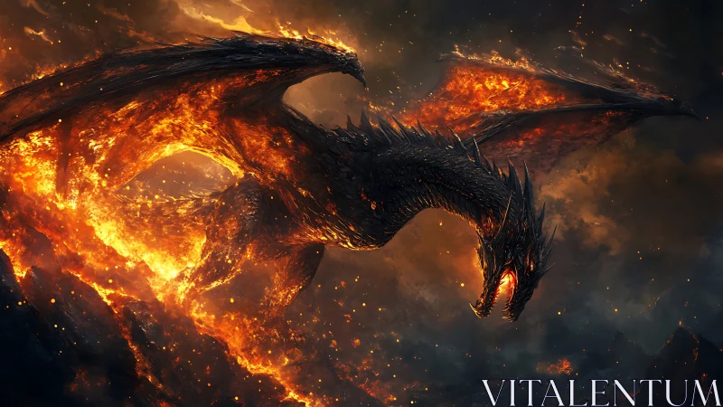 Inferno-winged obsidian dragon carving storms of molten dusk.