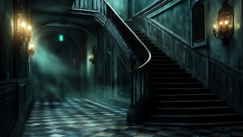 Nocturnal baroque staircase in fog-drenched haunted corridor.