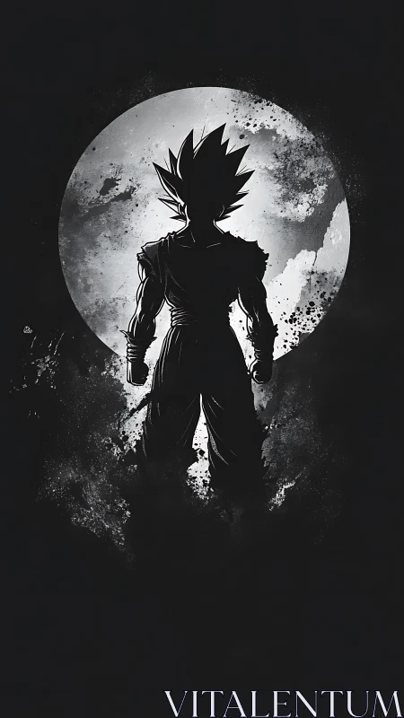 Saiyan warrior silhouette stands before a fractured moon.