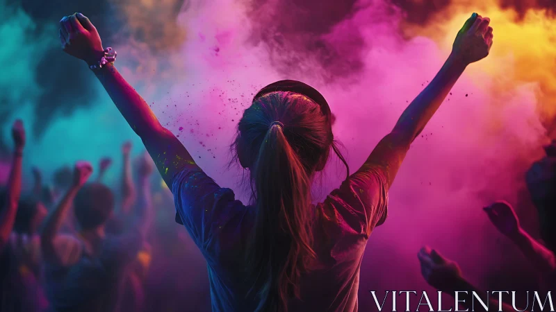 Backlit festival crowd under vibrant color powder clouds.