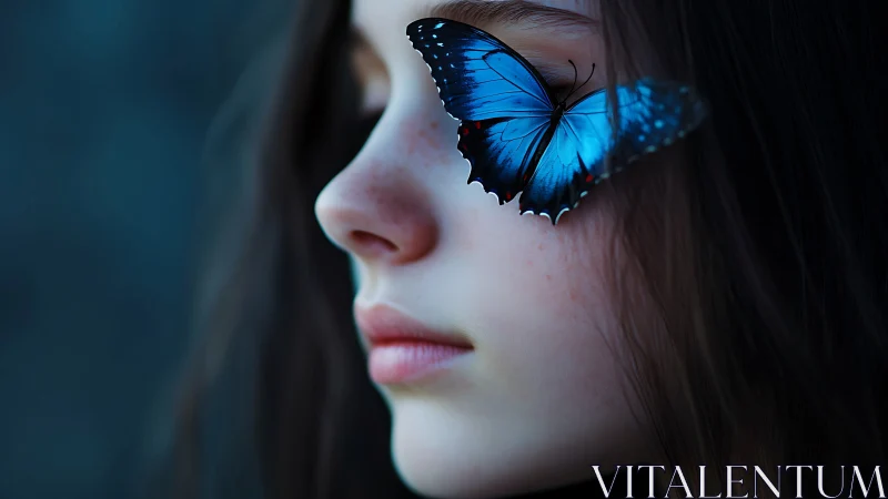 Side profile of young face with blue butterfly on eyelid.