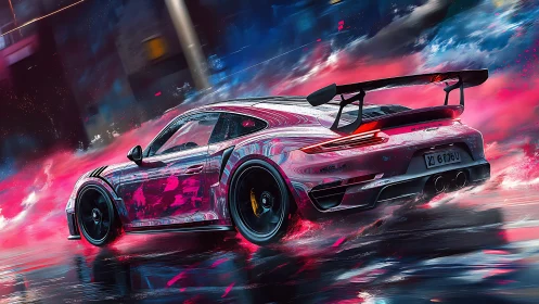 Sports car on wet neon street with reflective motion blur.