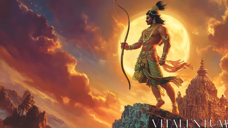 Mythic warrior archer before radiant sun and temple skyline