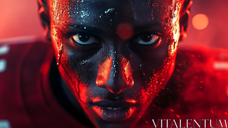 Hyperfocused gridiron athlete in cinematic red key lighting.