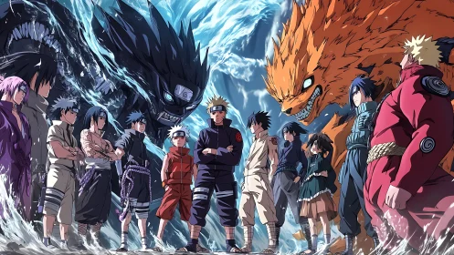 Opposed ninja groups aligned before two giant beasts.