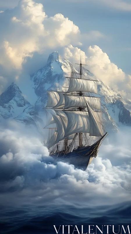Tall ship sails through clouds below towering icy peaks