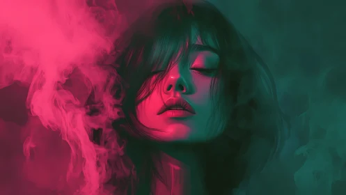 Neon sleep drapes her in rose fog and emerald shadow