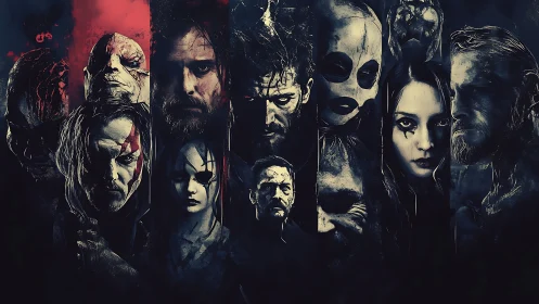 Collage of stylized distressed faces in dark vertical panels