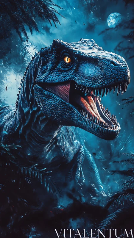 Moonlit raptor roars within a glowing primeval jungle.