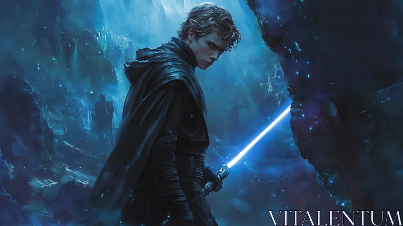 Young cloaked warrior grips blue energy blade in icy cavern