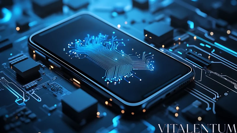 Smartphone with glowing circuit graphic on dark motherboard.