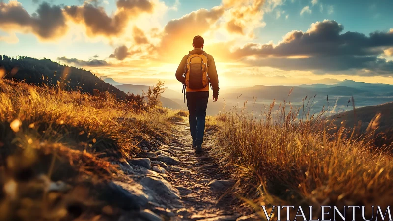 Backpacker walks sunlit mountain ridge at golden hour.