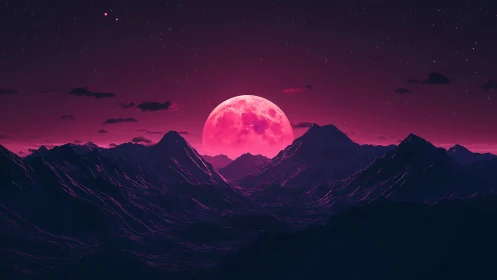 Crimson supermoon pouring neon light over alien peaks.