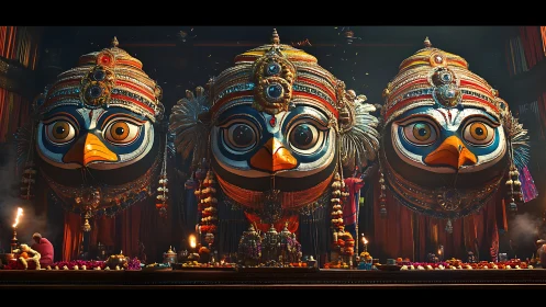 Joyful festival bird guardians glowing with color and light.