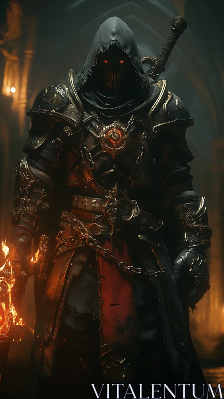 Armored pyromancer in gothic corridor under dramatic rim lighting