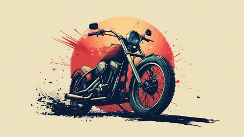 Custom motorcycle stands bold against a splattered sunset circle