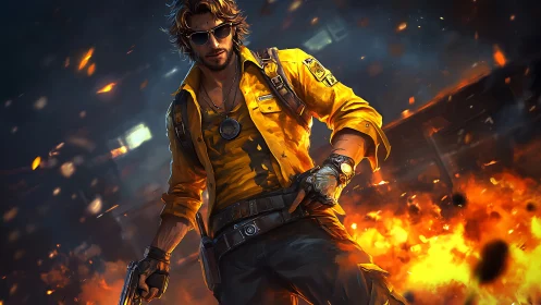 Fire-walking rogue in neon-yellow swagger strides through chaos.