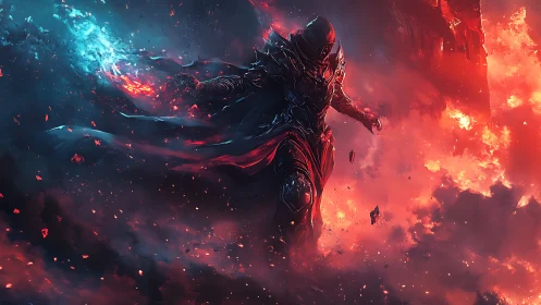 Hooded fire mage strides through chaotic burning skies