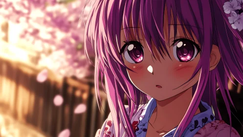 Anime girl with pink hair stands under soft cherry blossoms