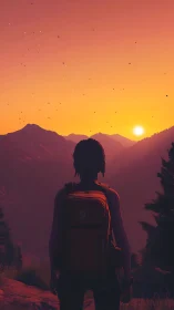 Backlit hiker silhouette observing stratified sunset valley scene.