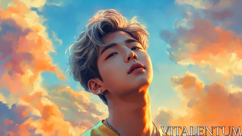 Chromatic portrait under volumetric sunset cloud fields.